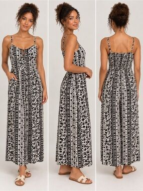 As U Wish Black White Floral Wide Leg Jumpsuit Boho Size L